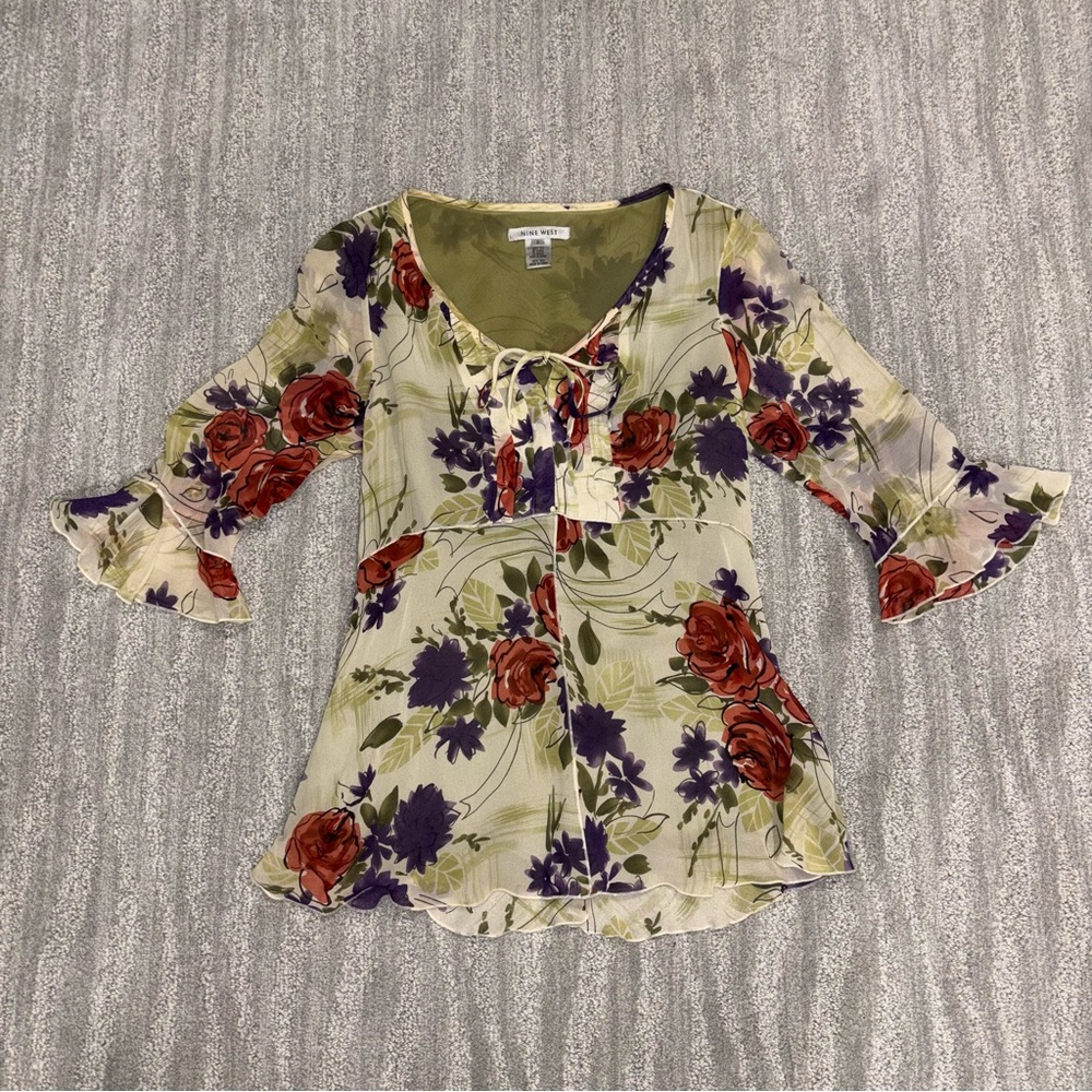 VTG Nine West 100% Silk 3/4 Length Sleeve Babydoll Top Fairy Keyhole Women’s 2